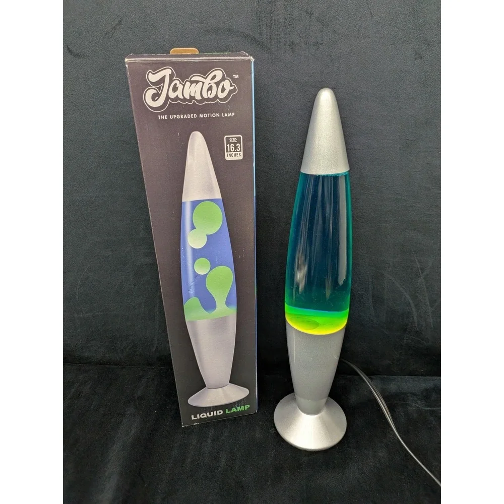 Jambo Lava Lamp 30W 16.3 in Blue w/ Yellow Wax Silver Base Bullet Shape Open Box